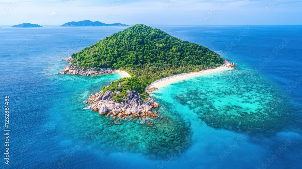 A beautiful island with a blue ocean in the background A beautiful island with a blue ocean in the background