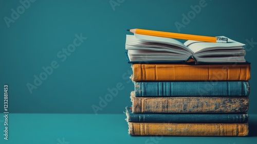 Open book with yellow pencil on stack of blue hardcover books in library setting