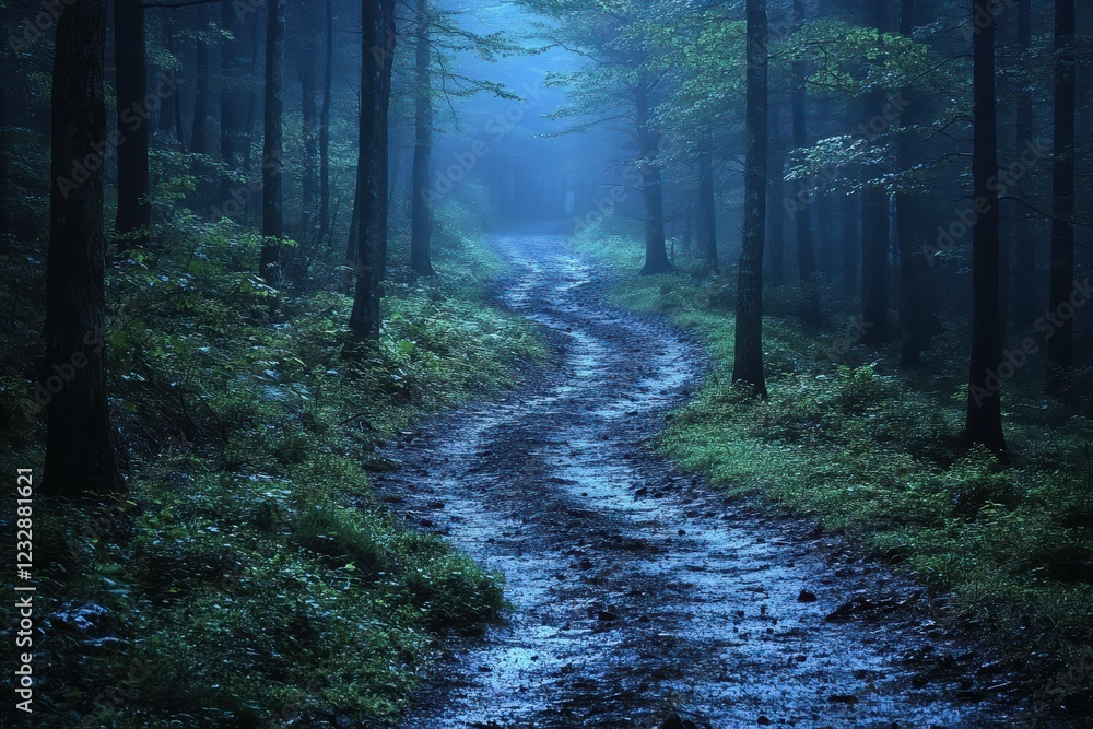 Obraz premium Dark forest path winding through misty trees at twilight