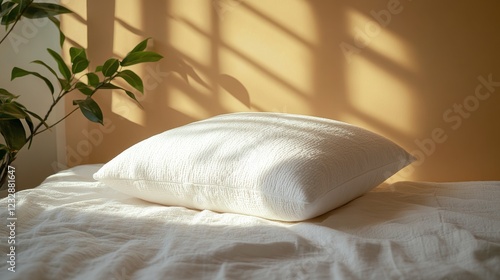 Cozy bedroom with sunlight filtering through curtains onto a made bed with pi...