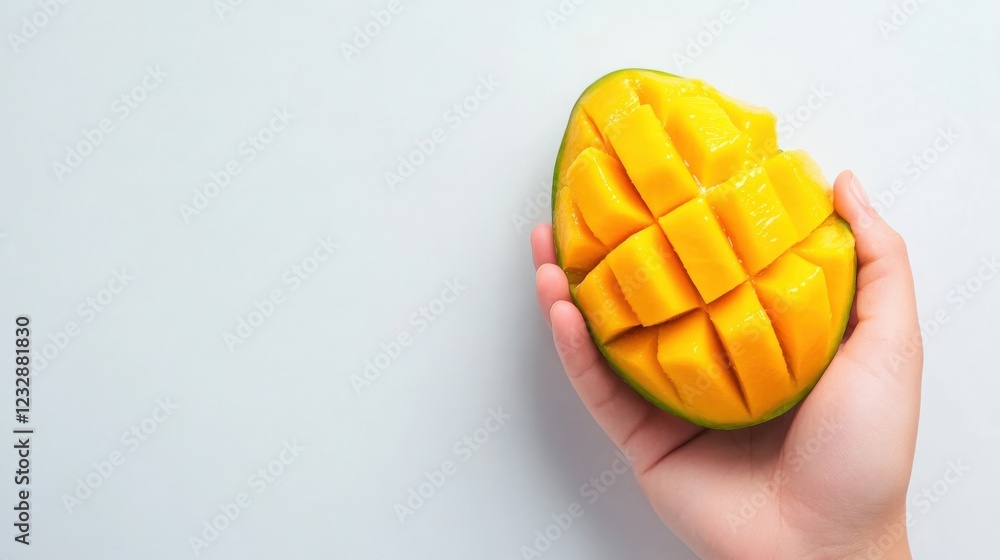 close up of fresh ripe mango fruit with hand on white background close up of fresh ripe mango fruit with hand on white background