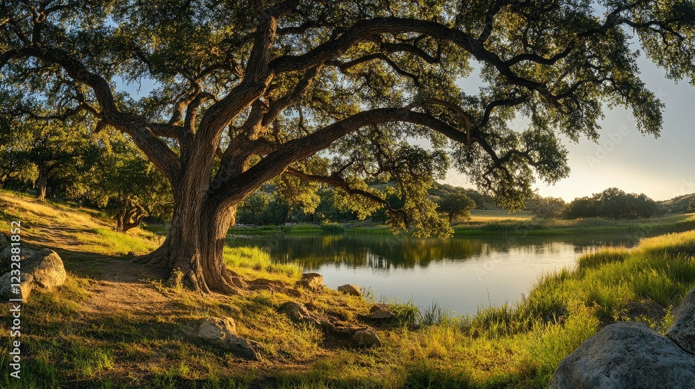 Majestic Oak Tree by Serene Lakeside Setting Majestic Oak Tree by Serene Lakeside Setting