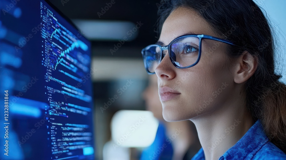 A young woman in glasses analyzes computer code intensely, embodying dedication and concentration in a tech-driven environment. A young woman in glasses analyzes computer code intensely, embodying dedication and concentration in a tech-driven environment.