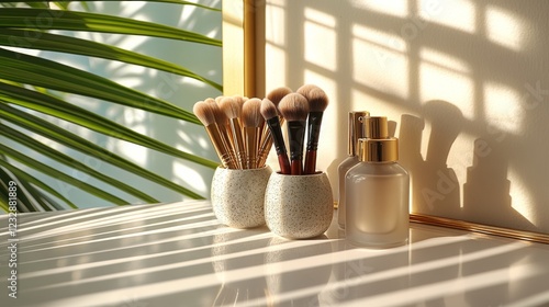 Elegant bathroom countertop with makeup brushes and skincare products on disp...