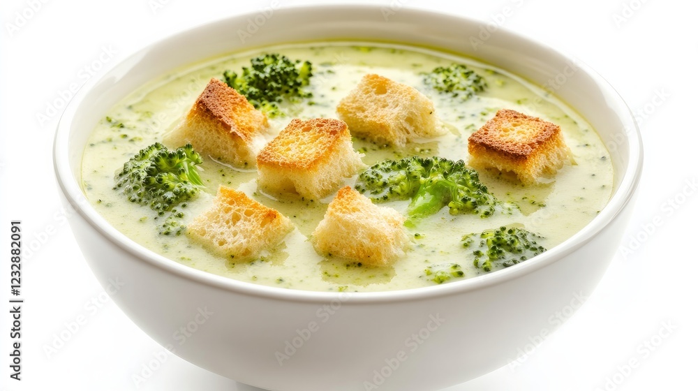 A bowl of creamy broccoli soup with croutons, isolated on white A bowl of creamy broccoli soup with croutons, isolated on white