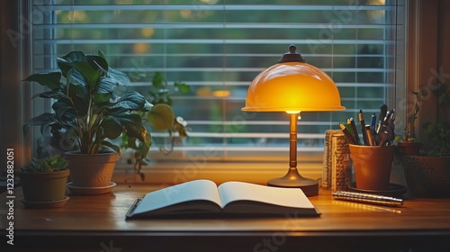 Cozy study desk with an open book and warm lamp during evening hours