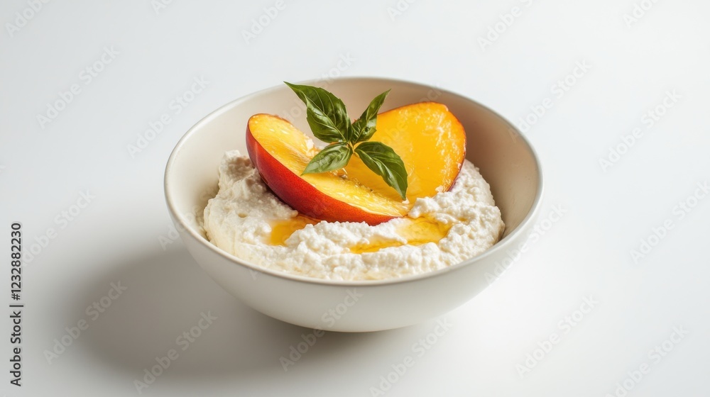 A simple bowl of plain ricotta cheese topped with a few fresh peach slices and a light drizzle of honey, served in a minimalist white ceramic bowl, Ricotta cheese centered A simple bowl of plain ricotta cheese topped with a few fresh peach slices and a light drizzle of honey, served in a minimalist white ceramic bowl, Ricotta cheese centered