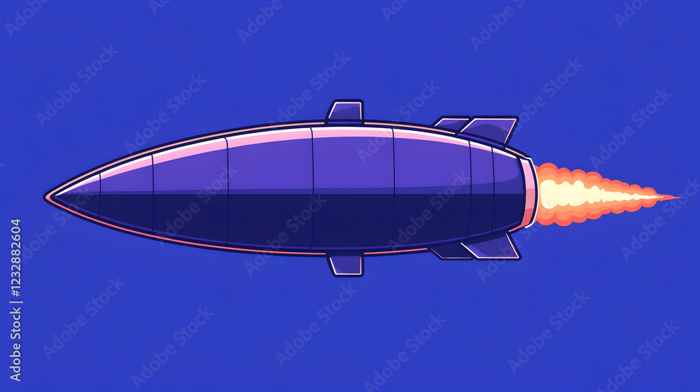 Fototapeta premium Purple missile launching with fiery trail against a blue background.