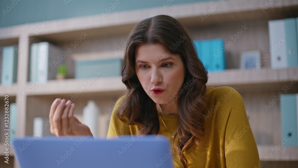 Dissatisfied businesswoman arguing online conference worried conflict closeup. Dissatisfied businesswoman arguing online conference worried conflict closeup.