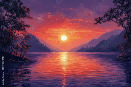 Beautiful sunset over calm water reflecting vibrant colors in the sky