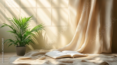 Soft sunlight illuminates an open book and a potted plant in a serene indoor ...