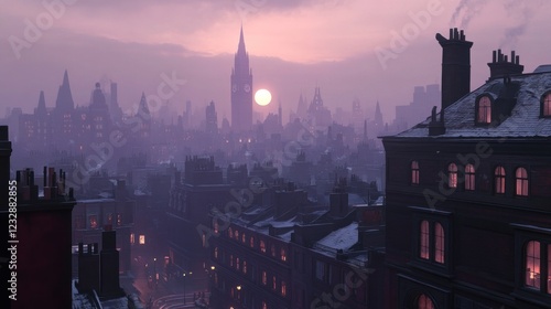 A Cityscape at Sunset with a Tall Clock Tower