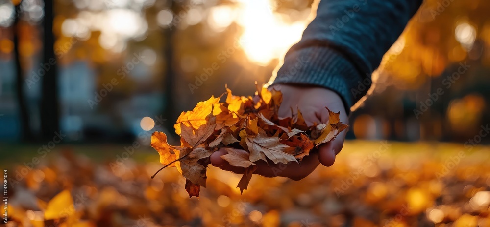 Hand holding autumn leaves, park sunset Hand holding autumn leaves, park sunset