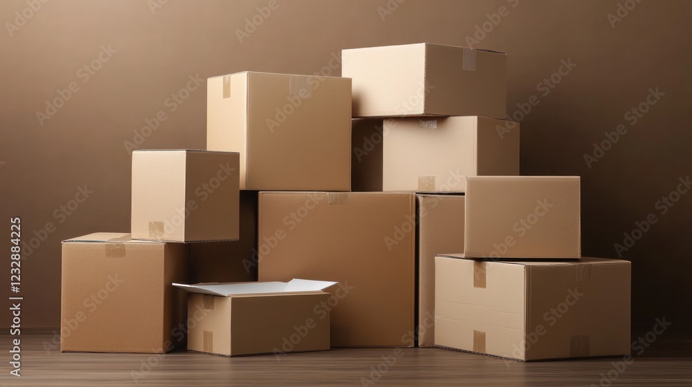 A group of neatly stacked cardboard boxes set against a brown background A group of neatly stacked cardboard boxes set against a brown background