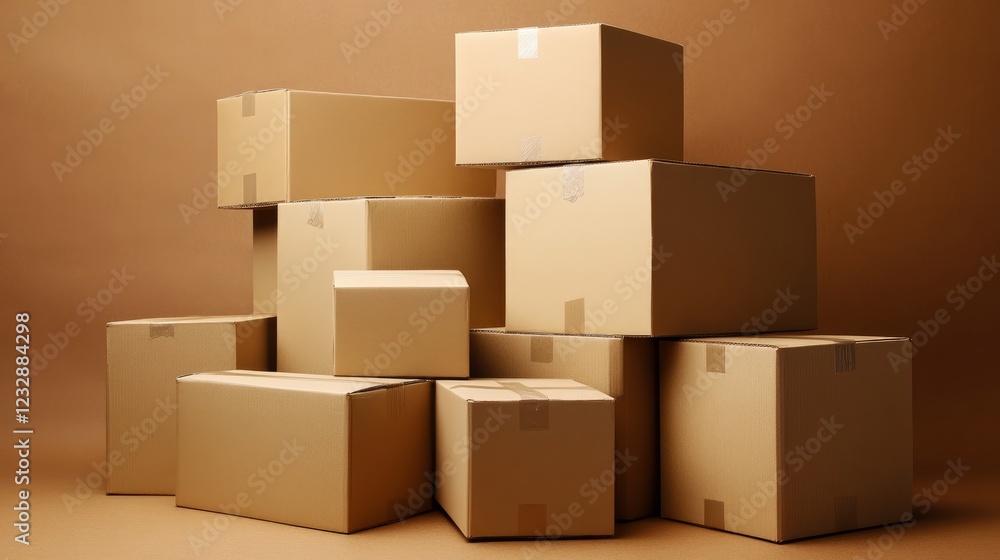 A group of neatly stacked cardboard boxes set against a brown background A group of neatly stacked cardboard boxes set against a brown background