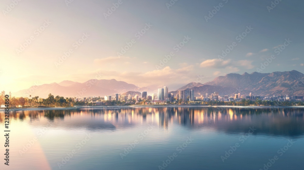 Calm Cityscape Sunrise Over Mountains And Lake Calm Cityscape Sunrise Over Mountains And Lake