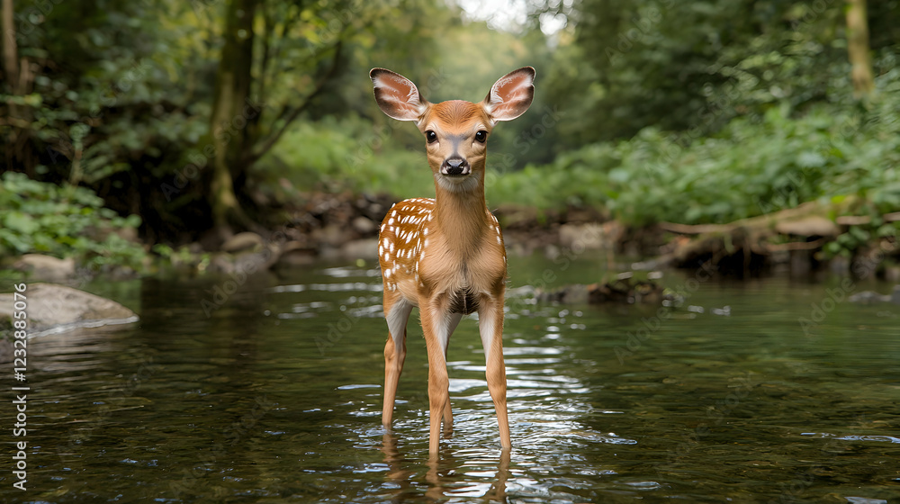 Fawn standing in forest stream, nature background, wildlife photography, ideal for nature publications Fawn standing in forest stream, nature background, wildlife photography, ideal for nature publications