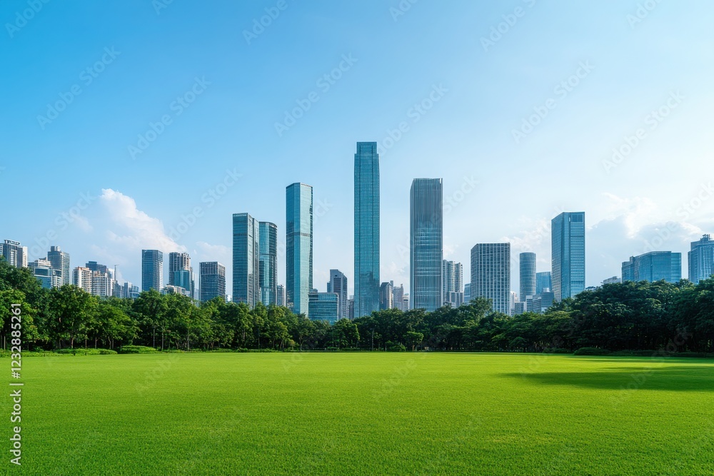 A stunning view of a modern skyline against a clear blue sky, surrounded by lush green grass, showcasing urban development. A stunning view of a modern skyline against a clear blue sky, surrounded by lush green grass, showcasing urban development.