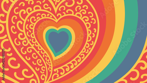 This vibrant design features layered, stylized hearts in various colors, creating an eye-catching pattern perfect for Valentine’s Day themes and celebrations
