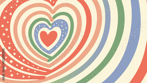 Colorful hearts spiral inward, featuring vibrant patterns suitable for Valentine's Day. Ideal backdrop for romantic themes, celebrations, or creative projects