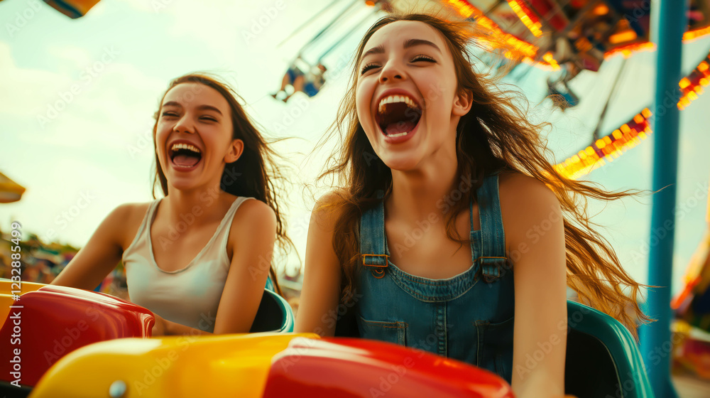 Obraz premium Two young women laugh with excitement while riding a roller coaster at an amusement park, enjoying the thrill and fun of the moment