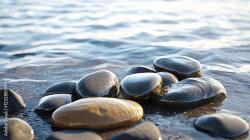 Dark And Brown Wet Stones On Sandy Beach Shoreline