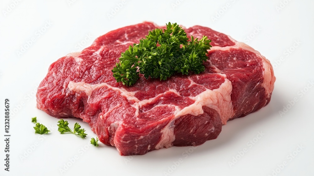 A raw beef cut garnished with parsley, isolated on a white background A raw beef cut garnished with parsley, isolated on a white background