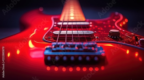Red electric guitar, close-up, dark studio, bokeh lights, music promo