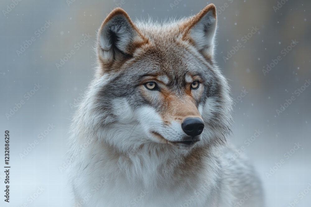 Fototapeta premium Mysterious wolf emerges from thick fog in a serene wilderness setting