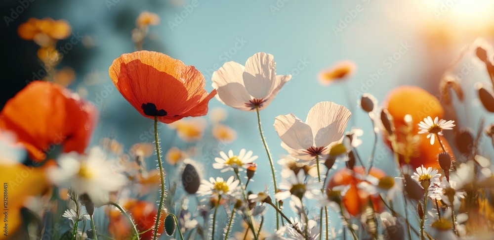 Obraz premium A breathtaking spring scene with a variety of colorful wildflowers blooming in a verdant meadow on a sunny blue day, generated by AI