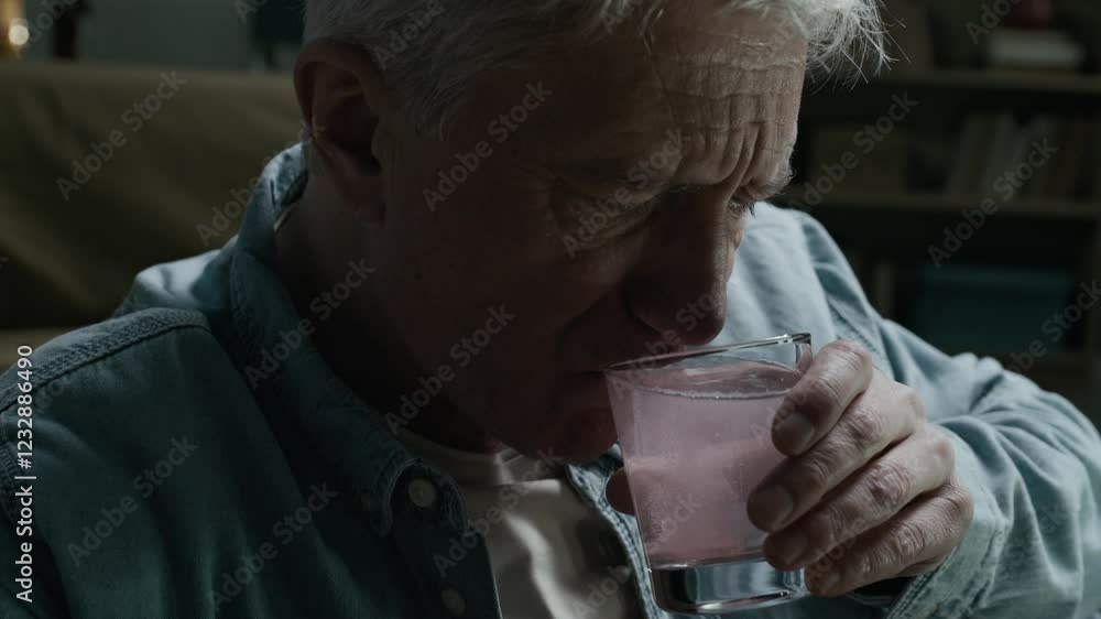 Handheld low key shot of senior Caucasian man sitting in front of TV and empty alcohol bottles on table in dark living room, drinking water with fizzy pill suffering from hangover in evening Handheld low key shot of senior Caucasian man sitting in front of TV and empty alcohol bottles on table in dark living room, drinking water with fizzy pill suffering from hangover in evening