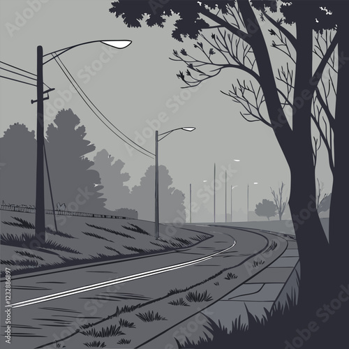 Hand-Drawn Sketch-Style Vector of a Foggy Road with Mysterious Streetlights