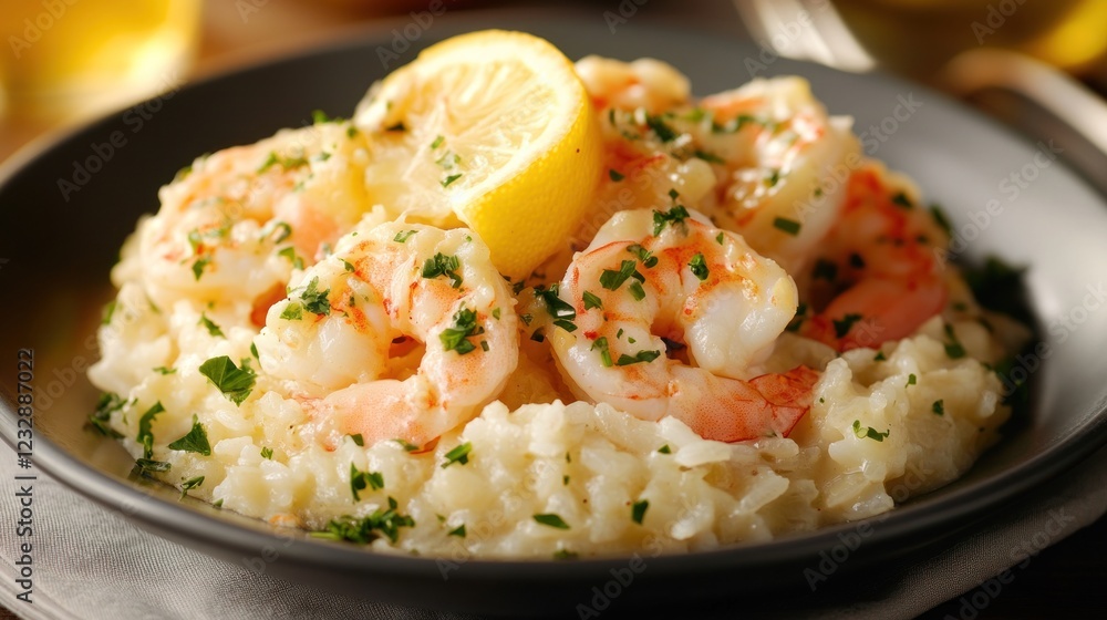 Creamy shrimp risotto with lemon and parsley in a gray bowl. Creamy shrimp risotto with lemon and parsley in a gray bowl.