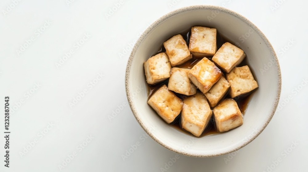 A simple bowl of plain tofu cubes with a light drizzle of soy sauce and a sprinkle of sesame seeds, served in a minimalist white ceramic bowl, Tofu cubes centered A simple bowl of plain tofu cubes with a light drizzle of soy sauce and a sprinkle of sesame seeds, served in a minimalist white ceramic bowl, Tofu cubes centered