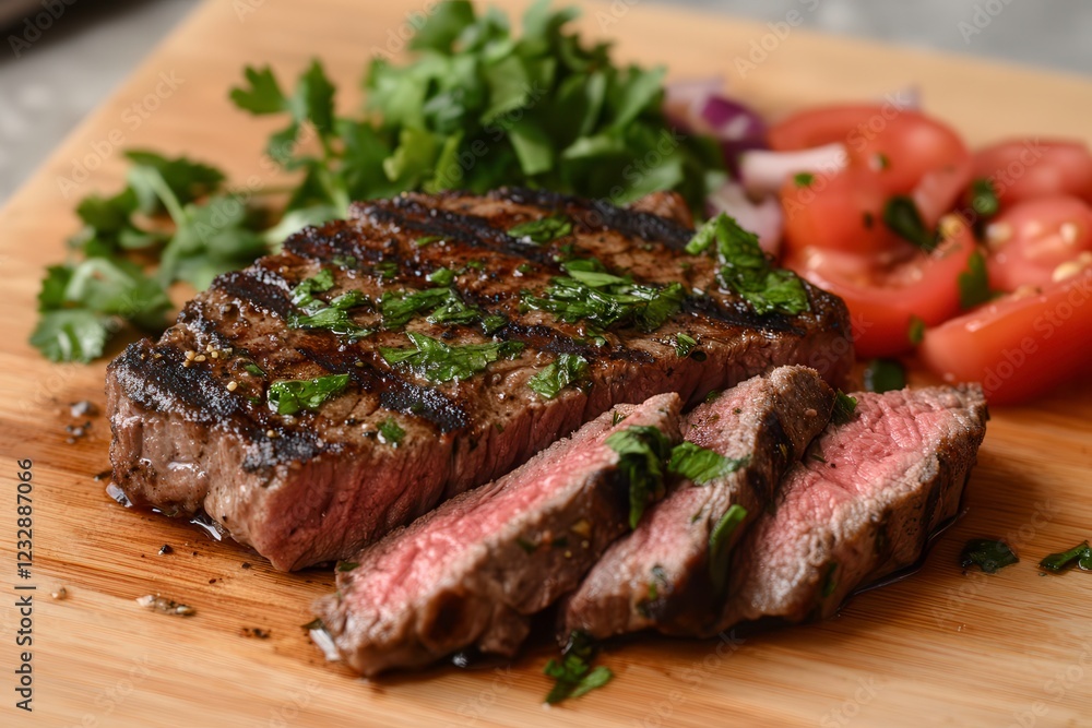 Juicy Air Fryer Beef Ranchera Steak Garnished With Fresh Herbs and Served With Vegetables. Generative AI Juicy Air Fryer Beef Ranchera Steak Garnished With Fresh Herbs and Served With Vegetables. Generative AI