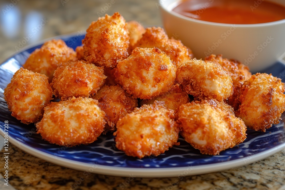 Crispy Buffalo Chicken Bites Served on a Blue Plate With Dipping Sauce Ready to Enjoy. Generative AI Crispy Buffalo Chicken Bites Served on a Blue Plate With Dipping Sauce Ready to Enjoy. Generative AI