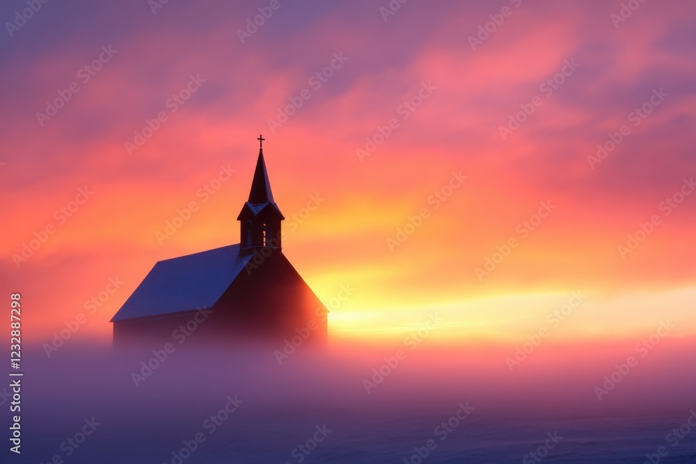 Obraz premium a small church stands silhouetted against a vibrant sunrise, with fog rolling across a snowy field.
