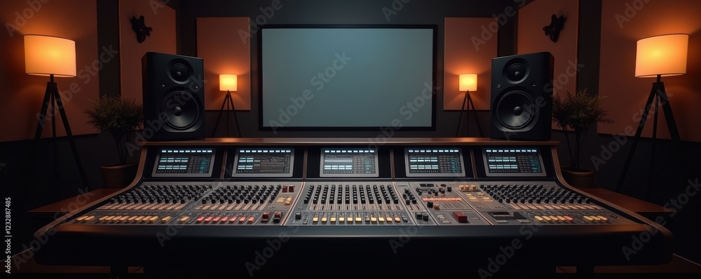 A modern audio recording studio featuring a professional mixing console and speakers, ideal for music production and sound engineering projects. A modern audio recording studio featuring a professional mixing console and speakers, ideal for music production and sound engineering projects.
