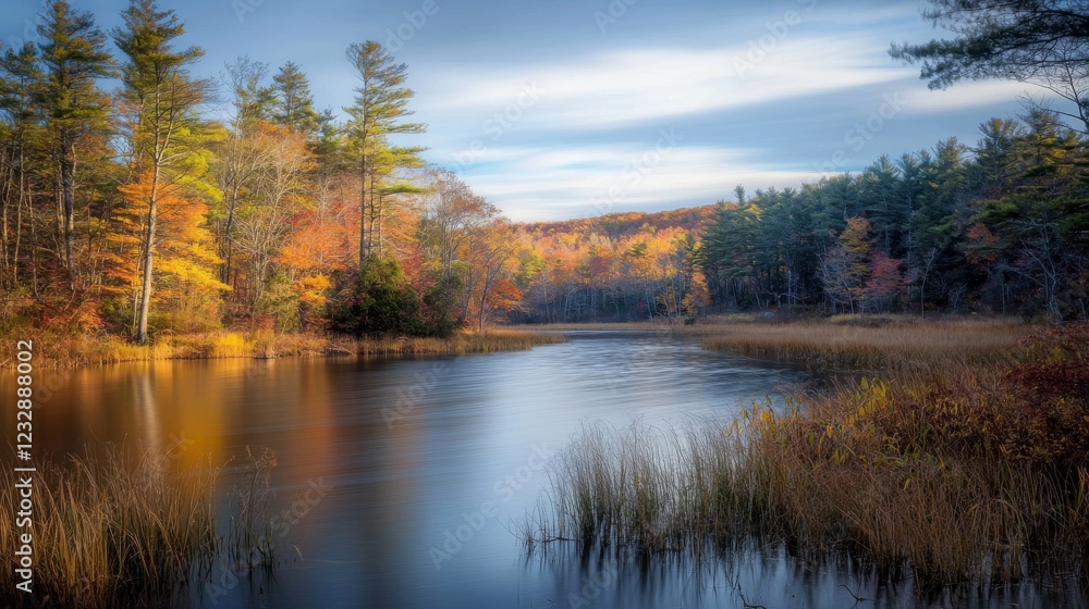 Obraz premium Serene Autumn River Landscape with Colorful Fall Foliage