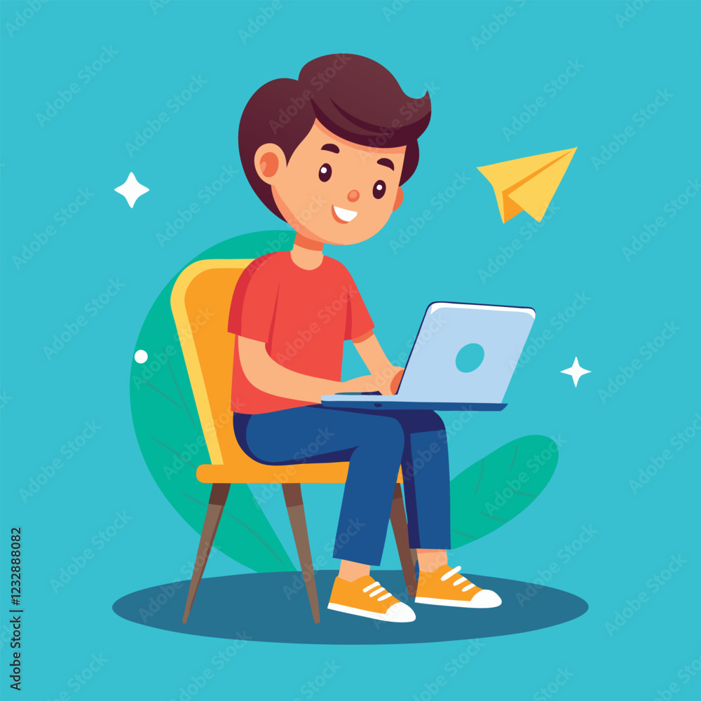 man working on his laptop, vector illustration man working on his laptop, vector illustration