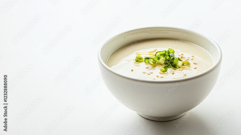 A simple bowl of plain tofu with a light drizzle of sesame oil and a sprinkle of scallions, served in a minimalist white ceramic bowl, Tofu centered A simple bowl of plain tofu with a light drizzle of sesame oil and a sprinkle of scallions, served in a minimalist white ceramic bowl, Tofu centered