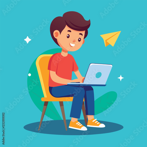 man working on his laptop, vector illustration	