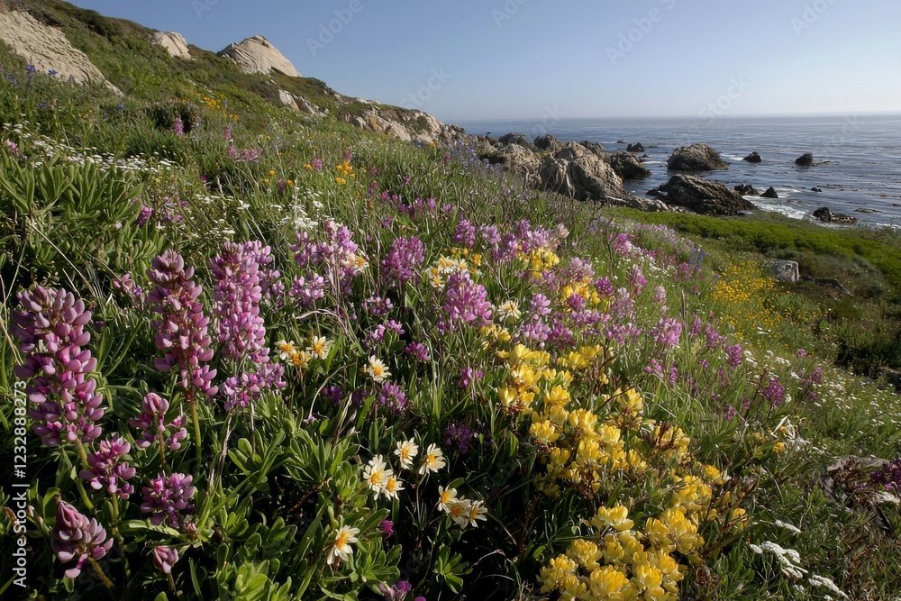 Obraz premium Various flowering plants blooming on a hillside, California, USA