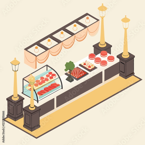  Isometric 3D Vector of a Lavish Hotel Buffet with International Dishes