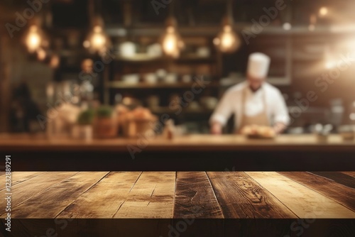 Rustic Wooden Tabletop in a Cozy Restaurant Setting