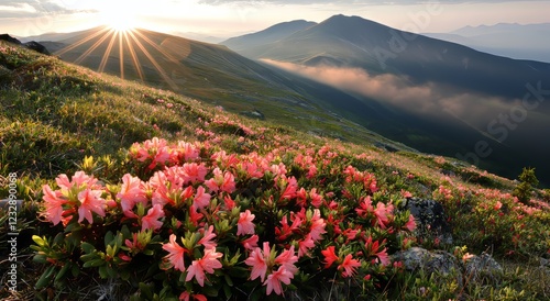Sunrise in the spring mountains, with views of hills blanketed in fresh blossom rhododendrons. Panoramic landscape