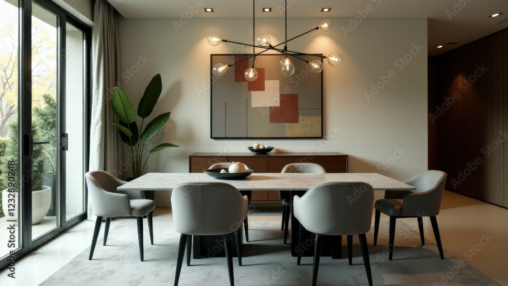 Fototapeta premium Dining Room Featuring a Stylish Chandelier and Large Panoramic Window