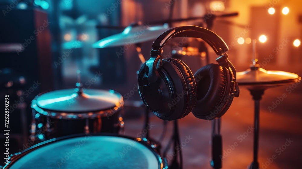 Obraz premium Close-up of a modern electronic drum kit equipped with headphones, indoors
