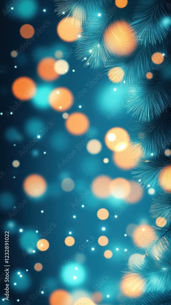 Teal Christmas Background with Bokeh Lights and Pine Branches. Teal Christmas Background with Bokeh Lights and Pine Branches.
