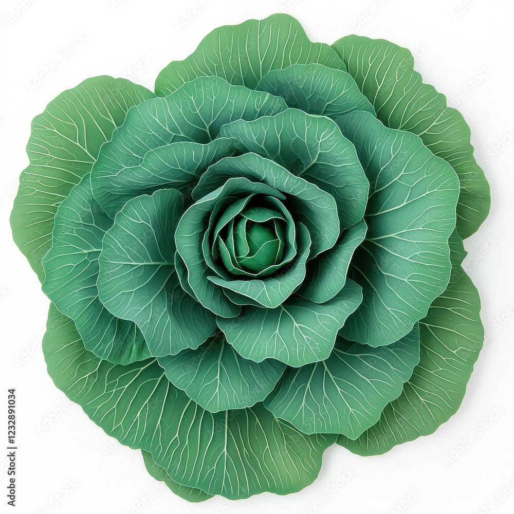 Obraz premium A vibrant, realistic depiction of a green cabbage resembling a blooming flower, showcasing intricate leaf patterns and a layered appearance.